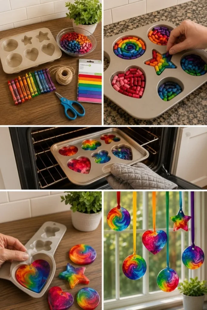 Bunter Regenbogen-Wachsmalstift-Sonnenfänger für kreative Bastelprojekte