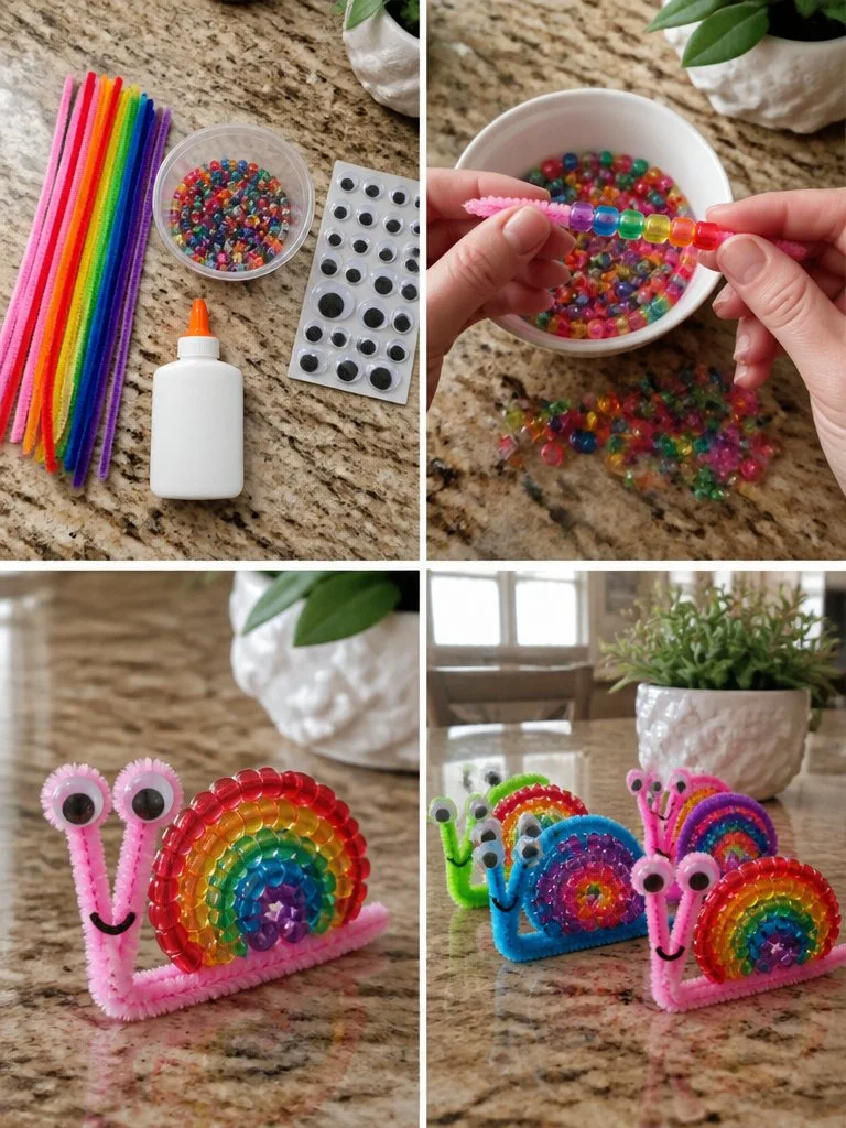 Schöne Regenbogenperlen-Schnecke aus bunten Perlen als DIY-Bastelprojekt