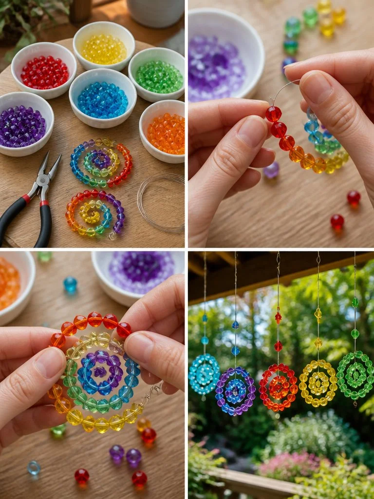 Regenbogenspiral-Kristallfänger, der Licht in bunte Spektralfarben bricht.