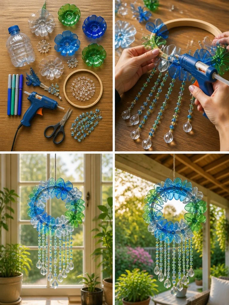 Wiederverwerteter Plastikflaschen-Kristall-Sonnenfänger im Sonnenlicht