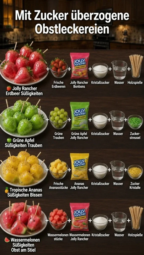 Zuckeräpfel und zuckerüberzogenes Obst in einer Schüssel, dekorativ angerichtet.
