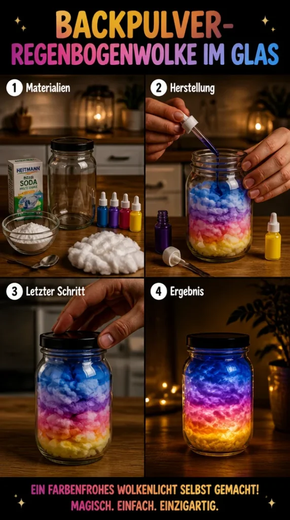 Glas mit Backpulver-Regenbogenwolke, ein faszinierendes Experiment für Kinder.