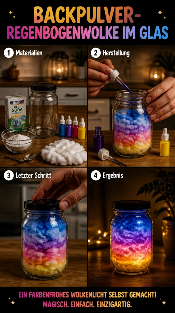 Glas mit Backpulver-Regenbogenwolke, ein faszinierendes Experiment für Kinder.