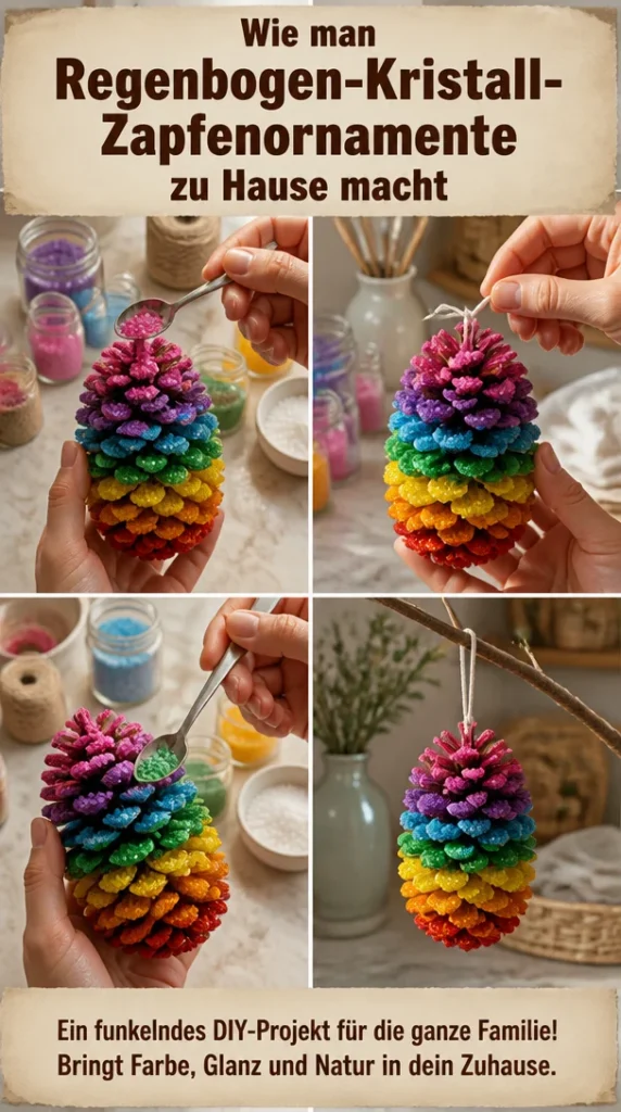 DIY Regenbogen-Kristall-Zapfenornamente für kreative Innenräume