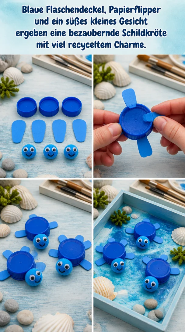 Schildkröte aus blauen Flaschendeckeln und Papierflippern mit recyceltem Charme