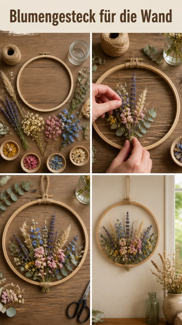 Ein stilvolles Blumengesteck für die Wand, das frische Farben und Texturen bringt.