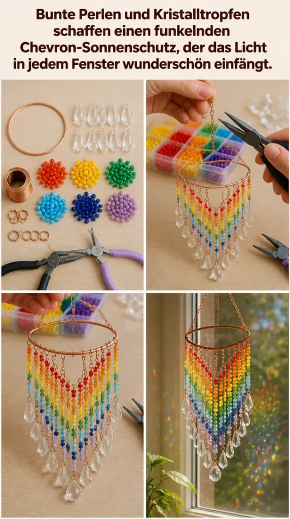 Funkelnder Chevron-Sonnenschutz mit bunten Perlen und Kristalltropfen