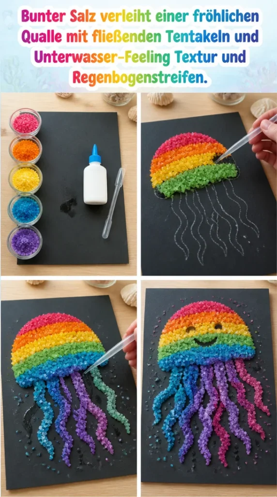 Bunte fröhliche Qualle mit fließenden Tentakeln und Regenbogenfarben