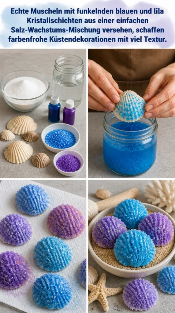 Echte Muscheln mit blauen und lila Kristallschichten für Küstendekorationen