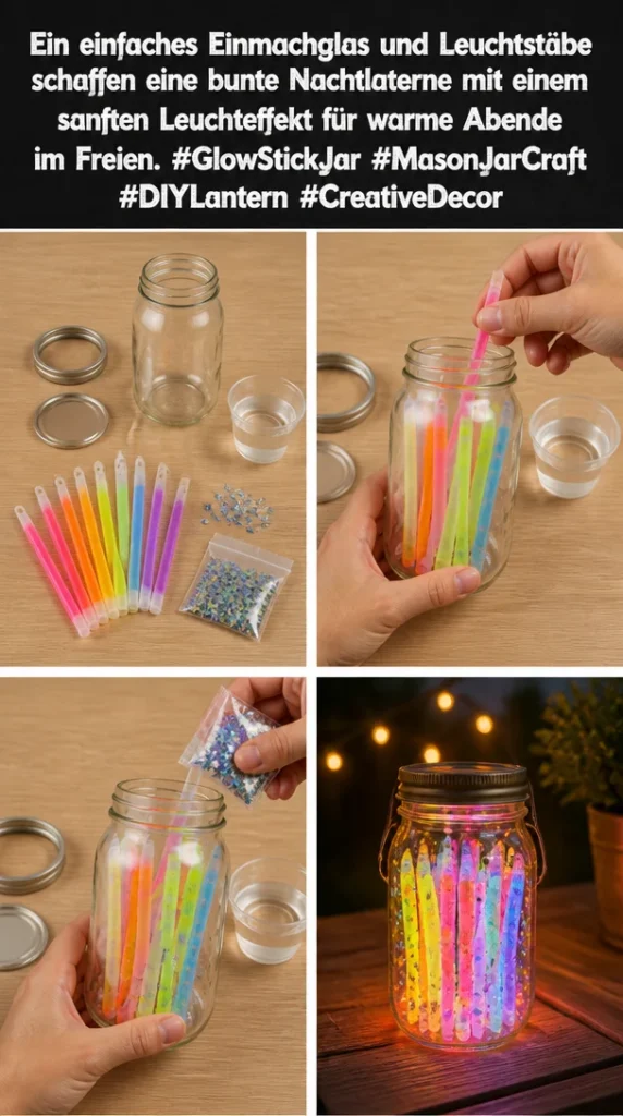 Bunte Nachtlaterne mit Leuchtstäben in einem Einmachglas für sommerliche Abende.