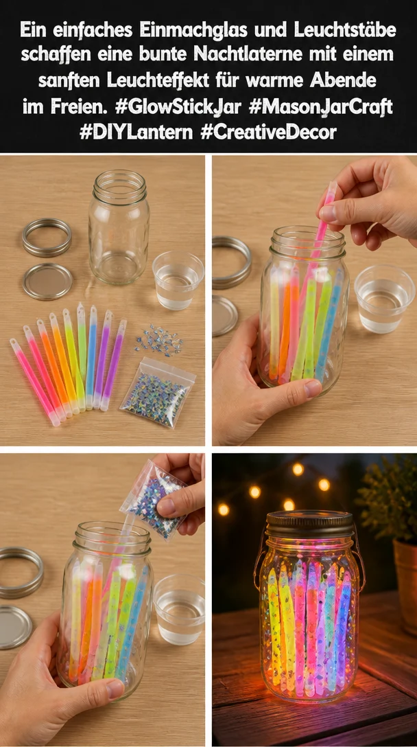 Bunte Nachtlaterne mit Leuchtstäben in einem Einmachglas für sommerliche Abende.