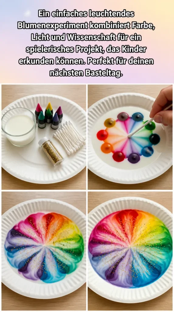 Leuchtendes Blumenexperiment mit Farben und Licht für ein kreatives Kinderprojekt.