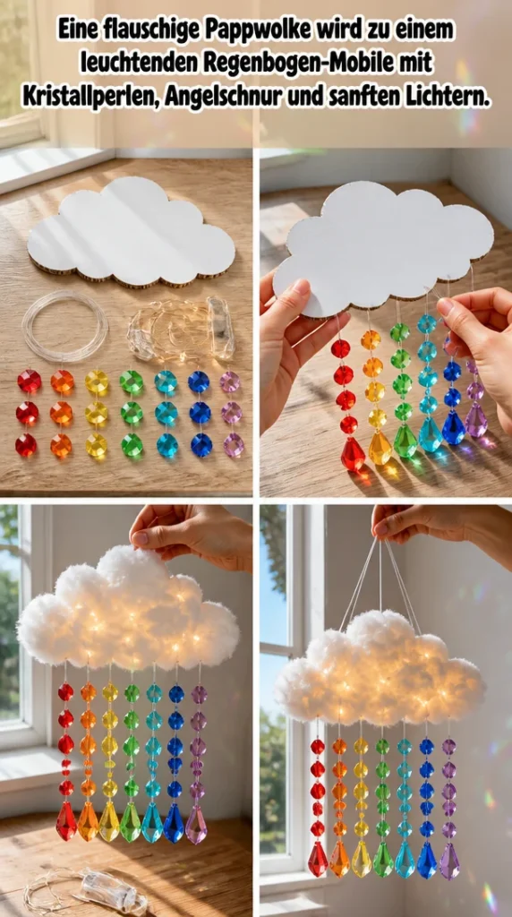 Regenbogen-Mobile mit Pappwolke, Kristallperlen und sanften Lichtern