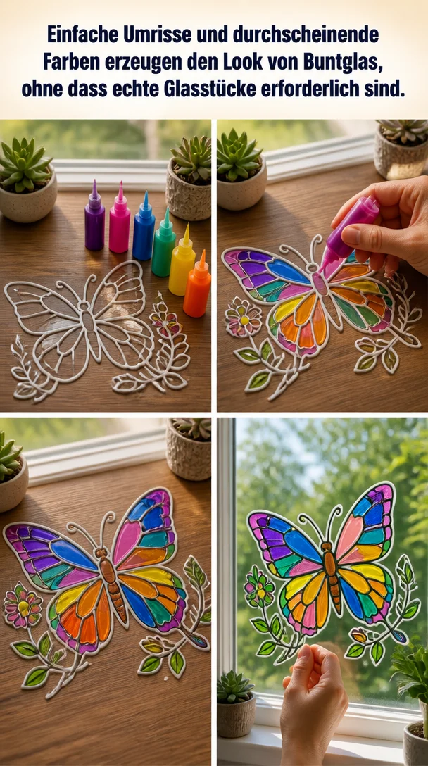 Buntglas Look mit durchscheinenden Farben und einfachen Umrissen.