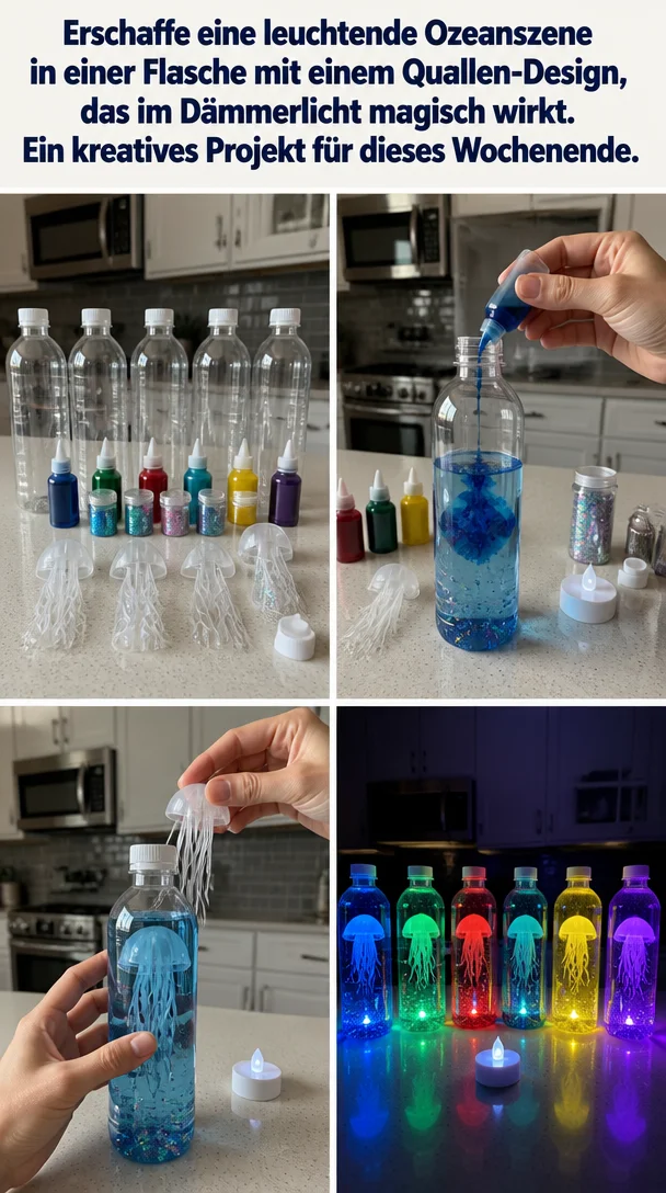 Leuchtende Ozeanszene in einer Flasche mit Quallen-Design im Dämmerlicht