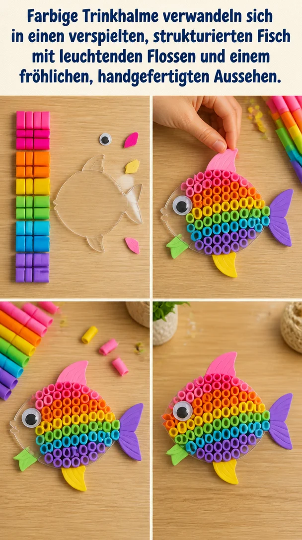 Bunte Trinkhalme in Form von verspielten, handgefertigten Fischen mit leuchtenden Flossen.