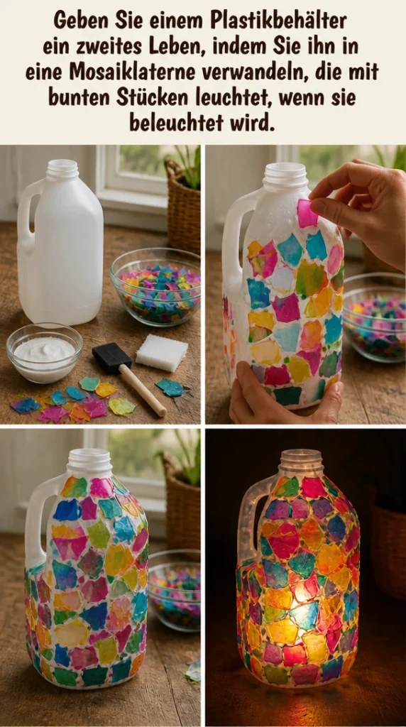 Bunte Mosaiklaterne aus einem recycelten Plastikbehälter, strahlend beleuchtet.