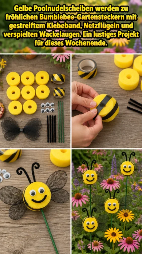 Bumblebee-Gartenstecker aus Poolnudelscheiben mit gestreiftem Klebeband und Wackelaugen