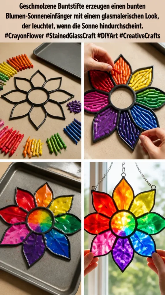 Buntstifte Blumen-Sonneneinfänger mit glasmalerischem Look, leuchtend im Sonnenlicht.