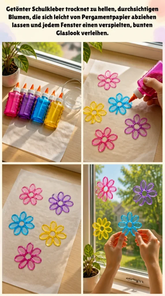 Getönter Schulkleber trocknet zu bunten, durchsichtigen Blumen auf Pergamentpapier