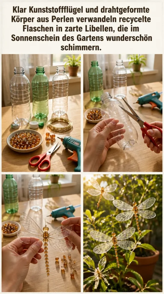 Kunstvolle Libellen aus recycelten Flaschen im Sonnenlicht im Garten.