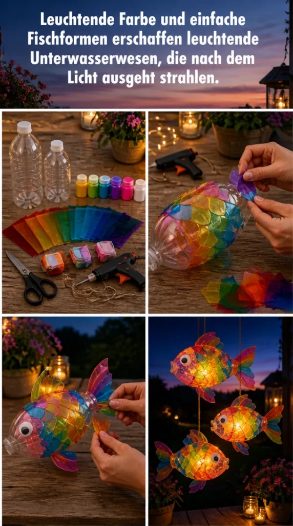 Leuchtende Unterwasserwesen in bunten Farben und Formen im Licht.