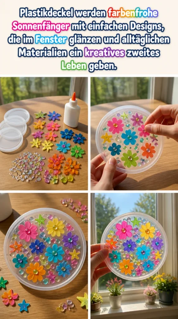 Bunte Sonnenfänger aus Plastikdeckeln, die farbenfroh im Fenster glänzen.