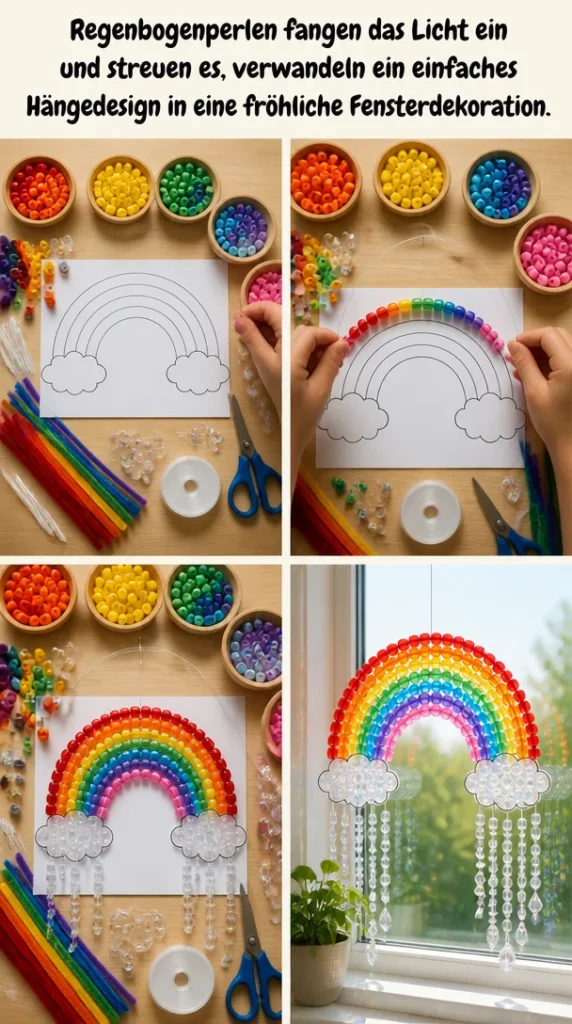 Hängedesign mit Regenbogenperlen als fröhliche Fensterdekoration.