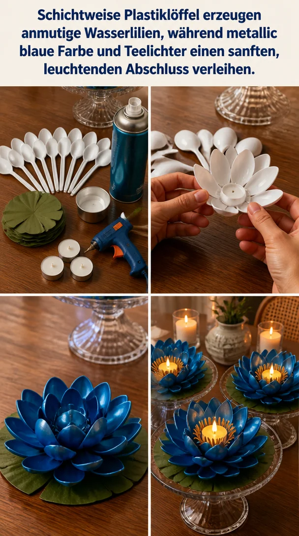 Anmutige Wasserlilien aus Plastiklöffeln mit metallic blauer Farbe und Teelichtern.