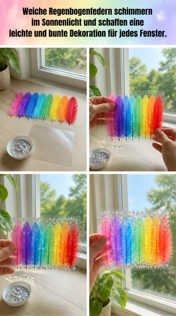 Bunte Regenbogenfedern leuchtend im Sonnenlicht für Fensterdekoration