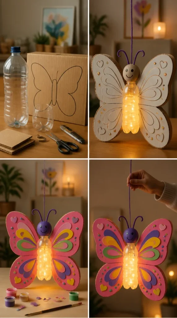 Recycelte handgemachte Lampe aus Pappkarton und Plastikflaschen