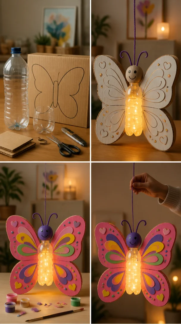 Recycelte handgemachte Lampe aus Pappkarton und Plastikflaschen