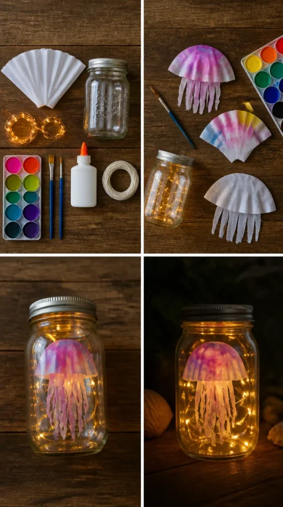 Glasgefäß mit bemalten Kaffeefiltern und Lichterketten für eine Quallenanzeige.