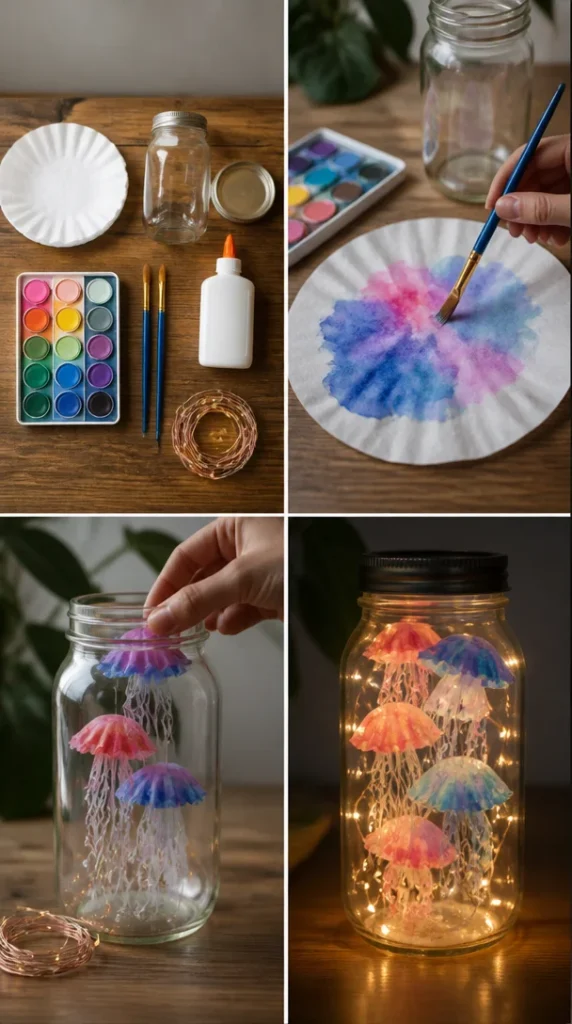 Leuchtende Medusenausstellung mit bemalten Kaffeefiltern in einem Glasbehälter.