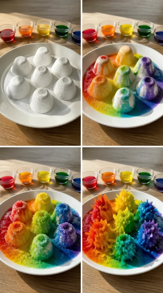 Bunte Zuckerkristalle, die um ein vulkaninspiriertes Design wachsen.