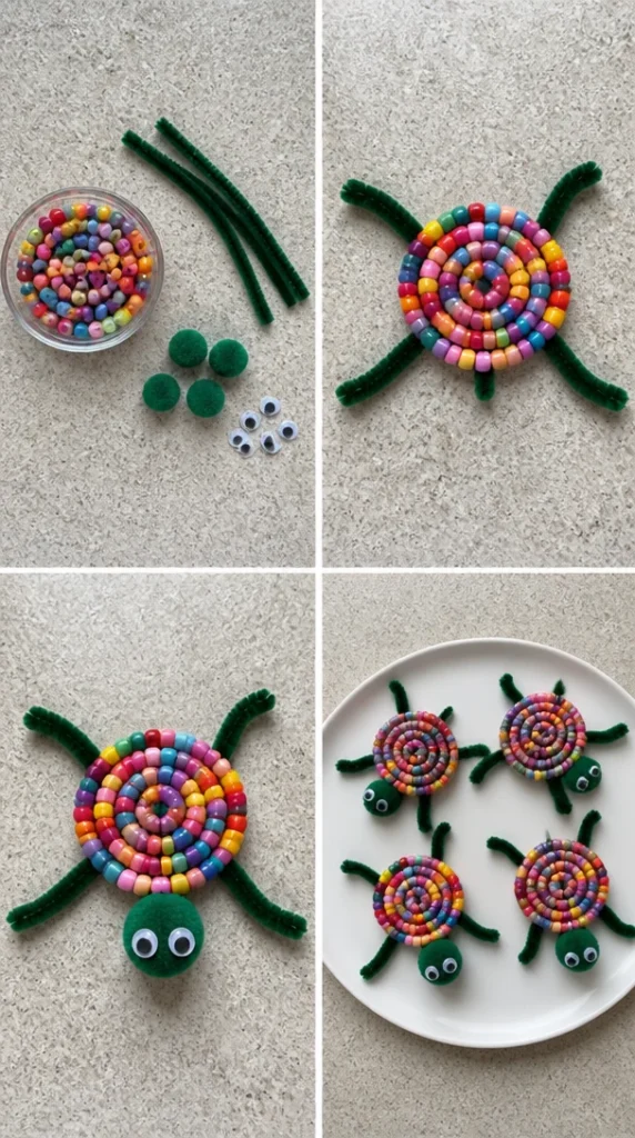 Niedliche kleine Schildkröten aus Ponyperlen, Pfeifenreinigern, Pompons und Wackelaugen.