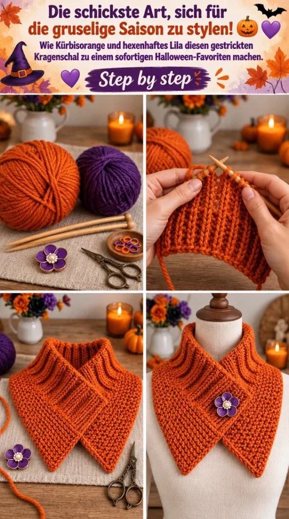 Gestrickter Kragenschal in Kürbisorange und Lila für Halloween-Favoriten