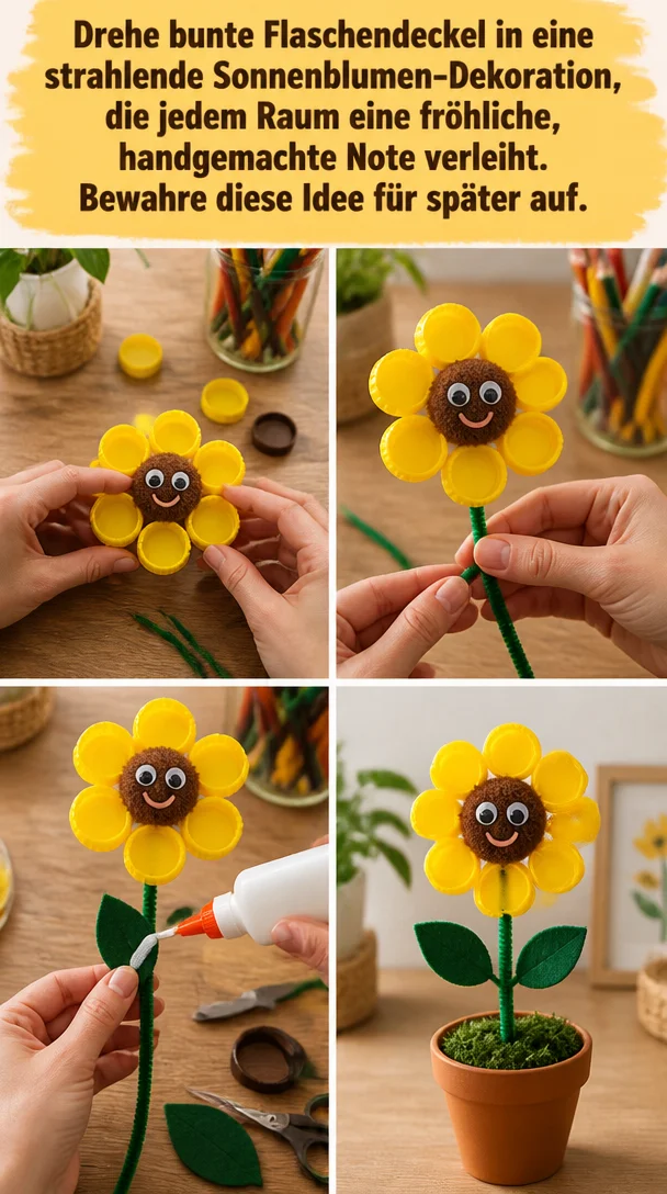 Bunte Flaschendeckel Sonnenblumen-Dekoration für ein fröhliches Zuhause