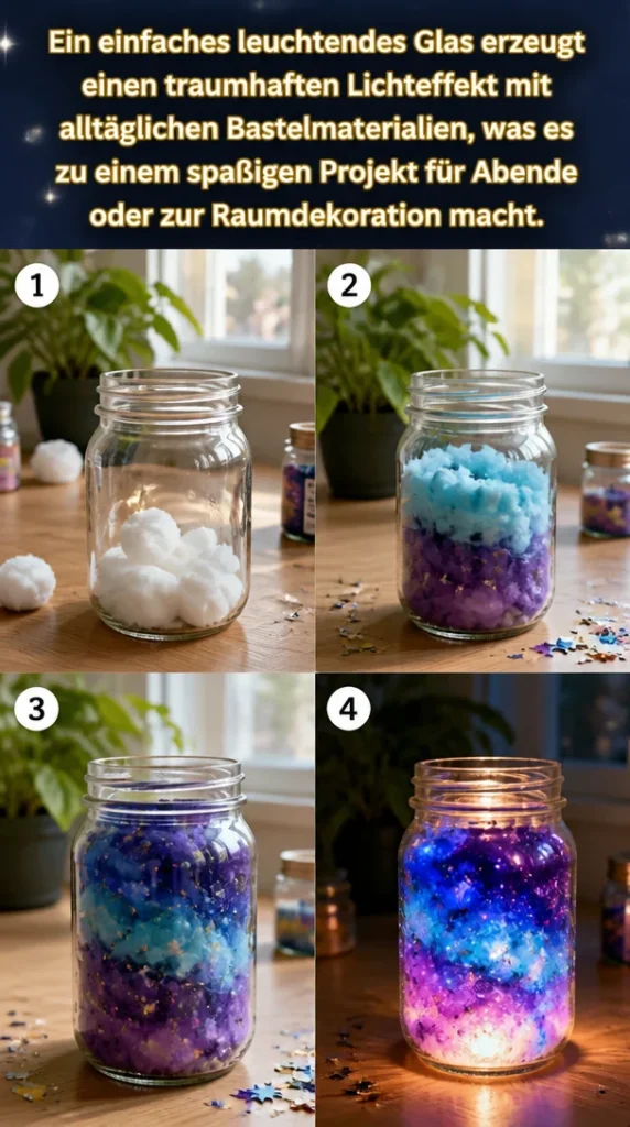 Leuchtendes Glas mit Lichteffekten aus Bastelmaterialien