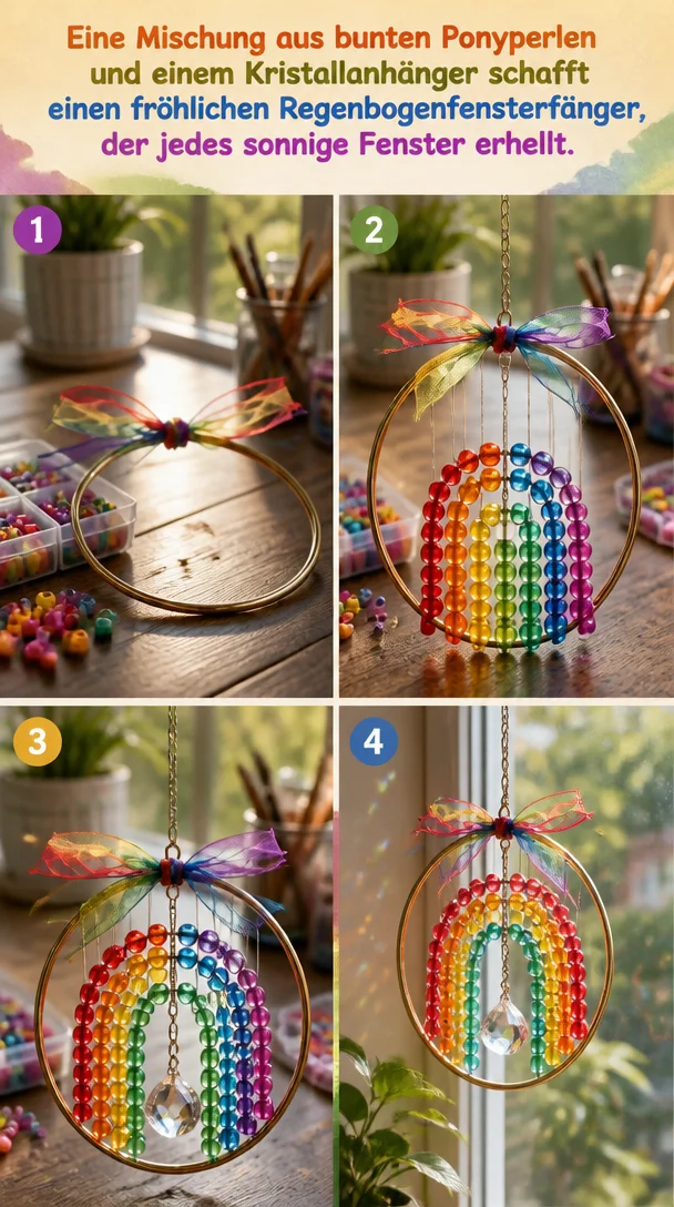 Bunter Regenbogenfensterfänger mit Ponyperlen und Kristallanhänger im Sonnenlicht.