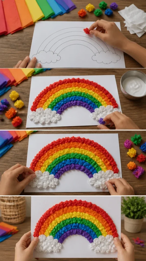 Einfache Kunstprojekt für Kinder mit geknautschten Seidenpapierstücken in bunten Farben.