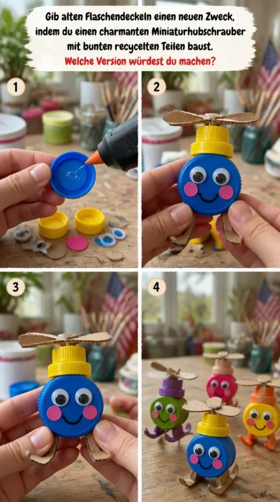 DIY Miniaturhubschrauber aus bunten recycelten Flaschendeckeln.