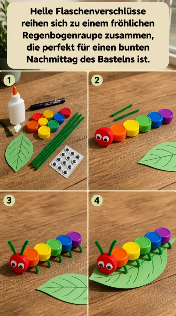Helle Flaschenverschlüsse als bunte Regenbogenraupe für Bastelideen.