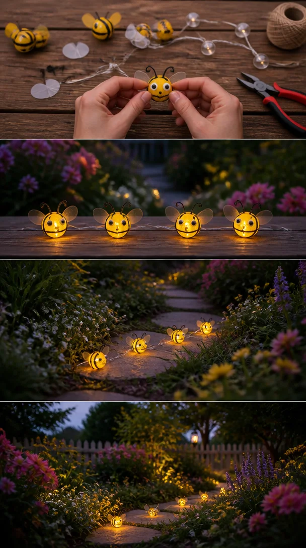 Kleine leuchtende Bienen dekorieren eine Lichterkette für ein verspielt Gartenflair.