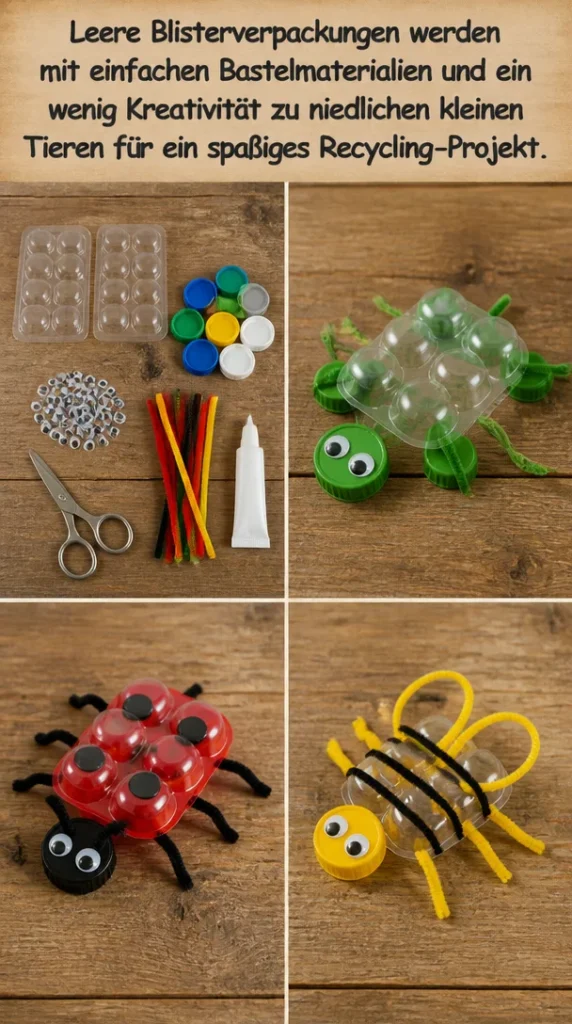 Kreatives Recycling-Projekt: Niedliche Tiere aus leeren Blisterverpackungen basteln.