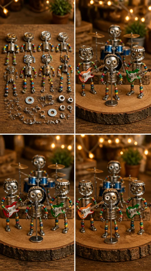 Verspielte Mini-Handmade-Roboter bilden eine kleine Band mit kreativen Details.