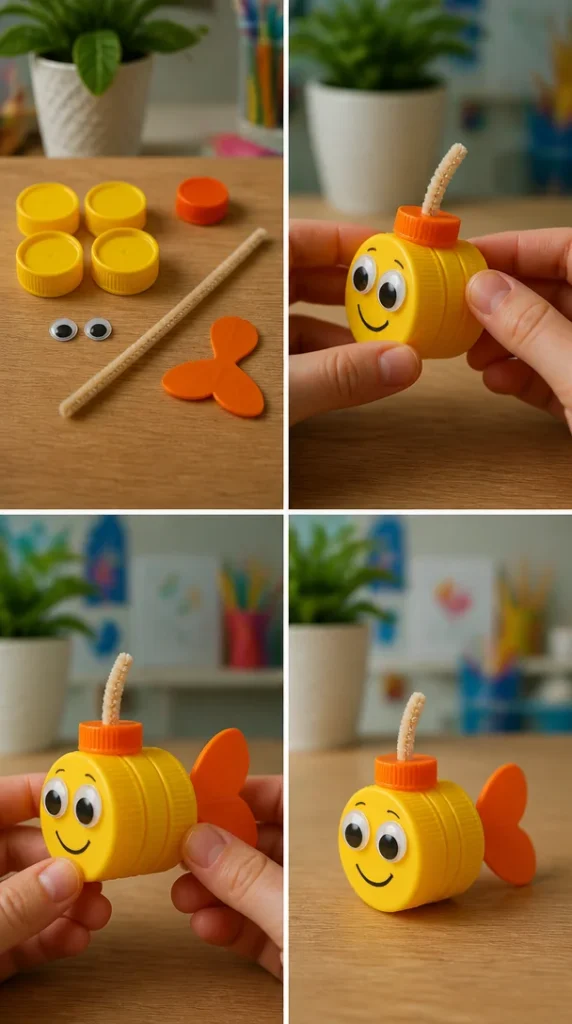 Bunte Kunstwerke aus Plastikflaschendeckeln für kreative Kinderaktivitäten.