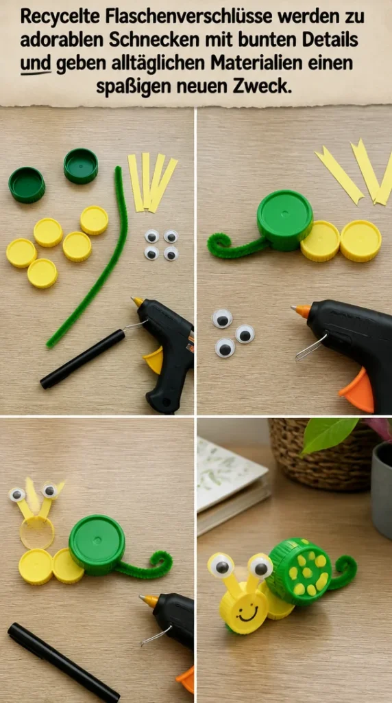 Recycelte Flaschenverschlüsse gestalten sich zu bunten Schnecken für kreative Bastelideen.