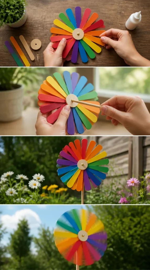 Farbenfrohes Garten-Windrad aus Regenbogen-Eisstielen im Wind drehend.