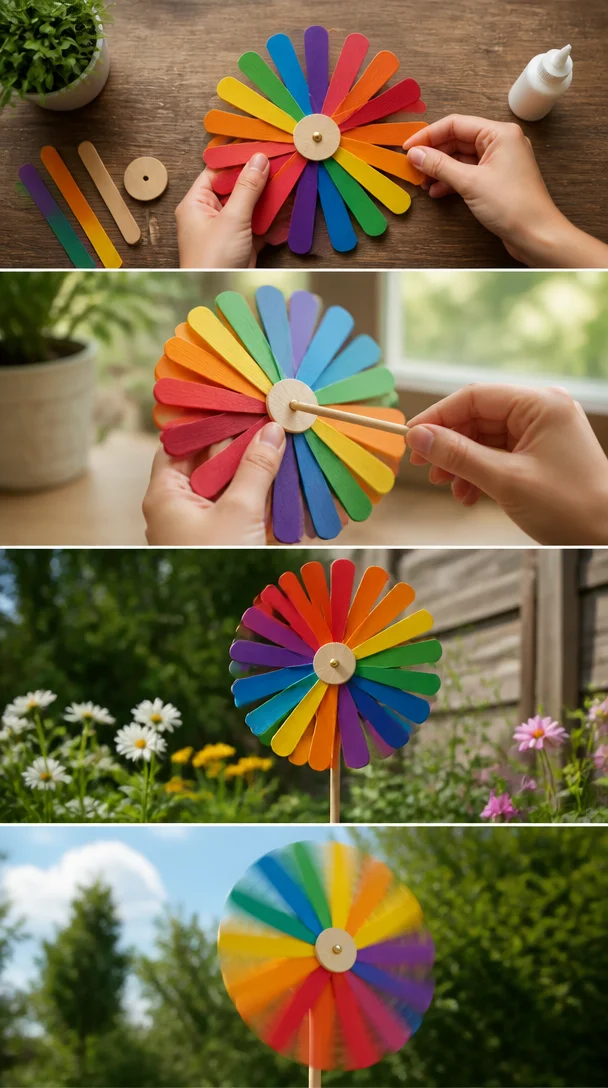 Farbenfrohes Garten-Windrad aus Regenbogen-Eisstielen im Wind drehend.